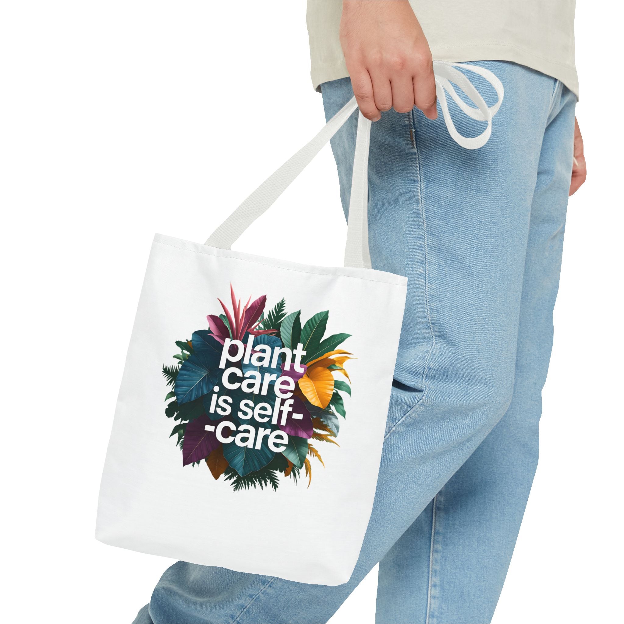 Plant Care Is Self-Care tote | botanical wreath, typography, plant lover
