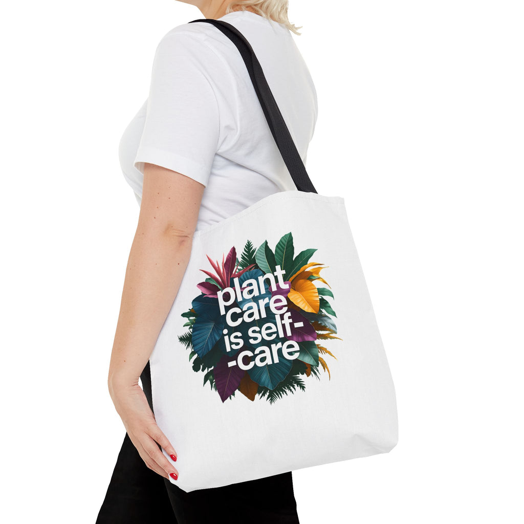 Plant Care Is Self-Care tote | botanical wreath, typography, plant lover