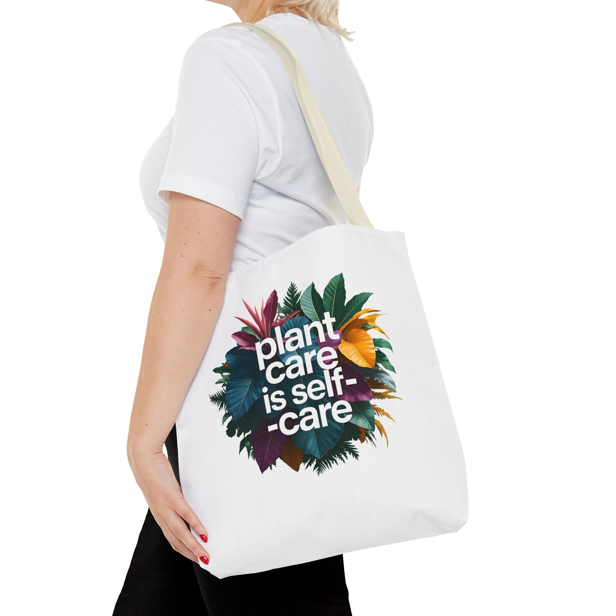 Plant Care Is Self-Care tote | botanical wreath, typography, plant lover