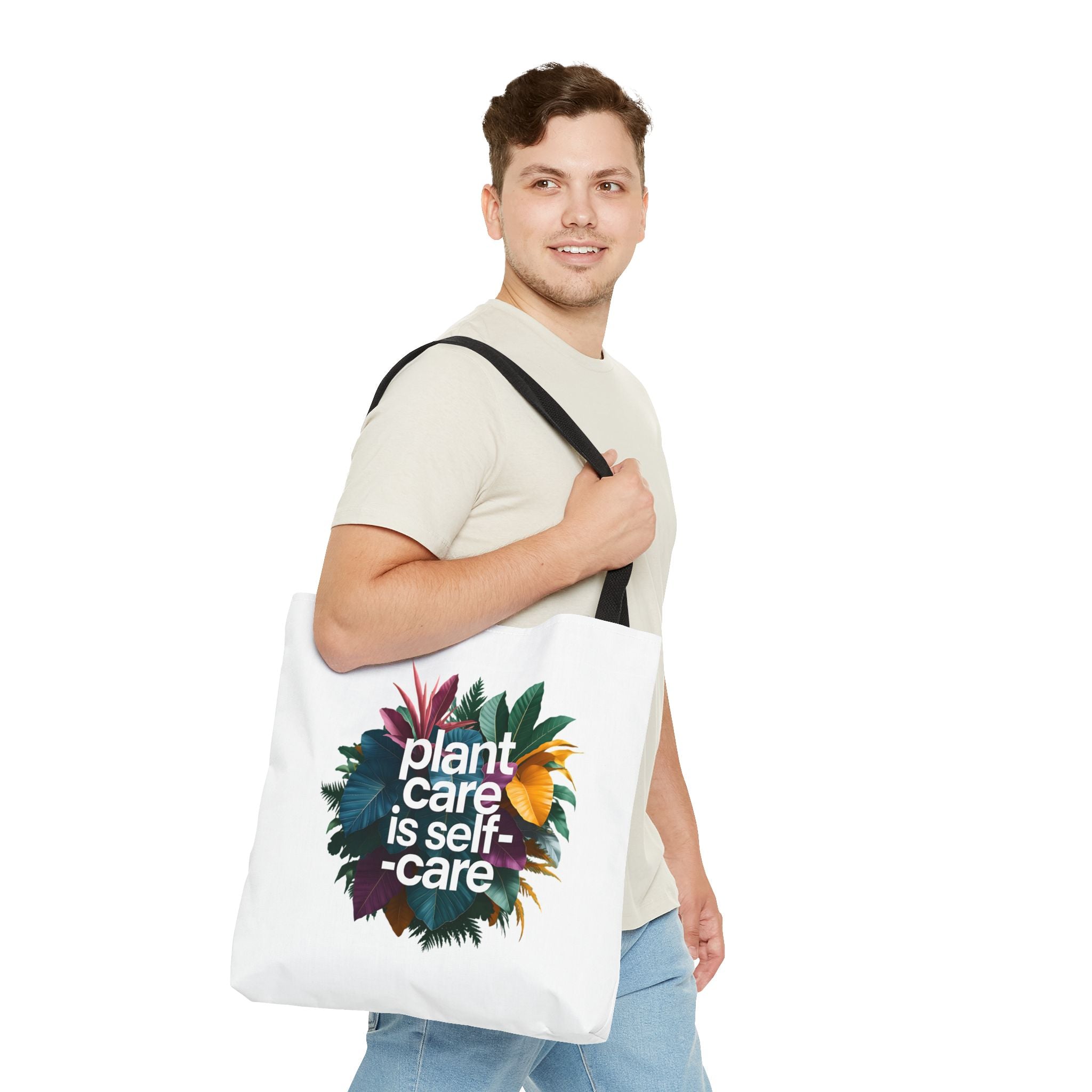 Plant Care Is Self-Care tote | botanical wreath, typography, plant lover