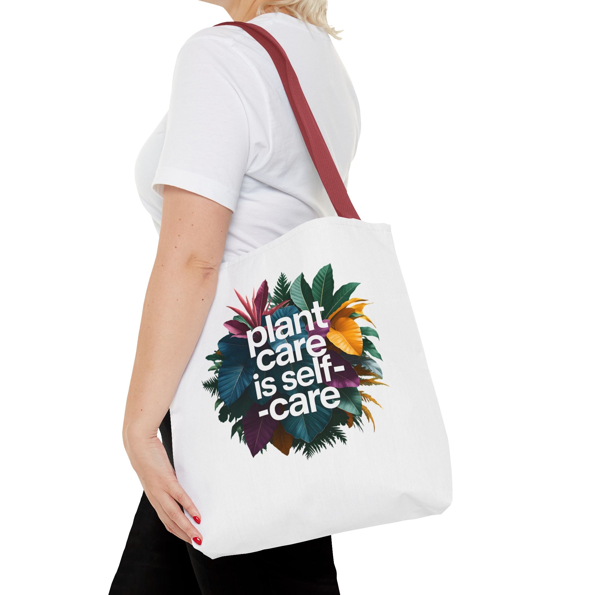 Plant Care Is Self-Care tote | botanical wreath, typography, plant lover