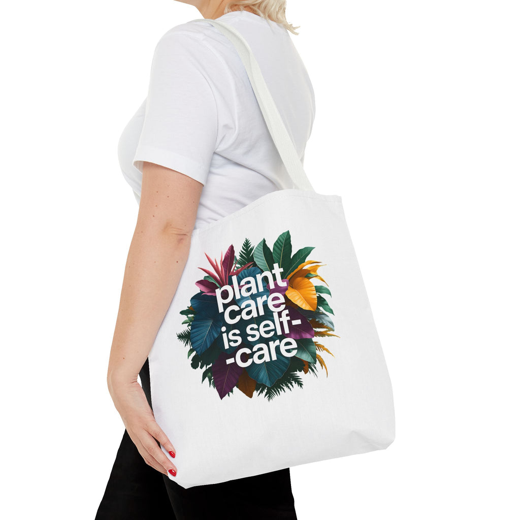 Plant Care Is Self-Care tote | botanical wreath, typography, plant lover
