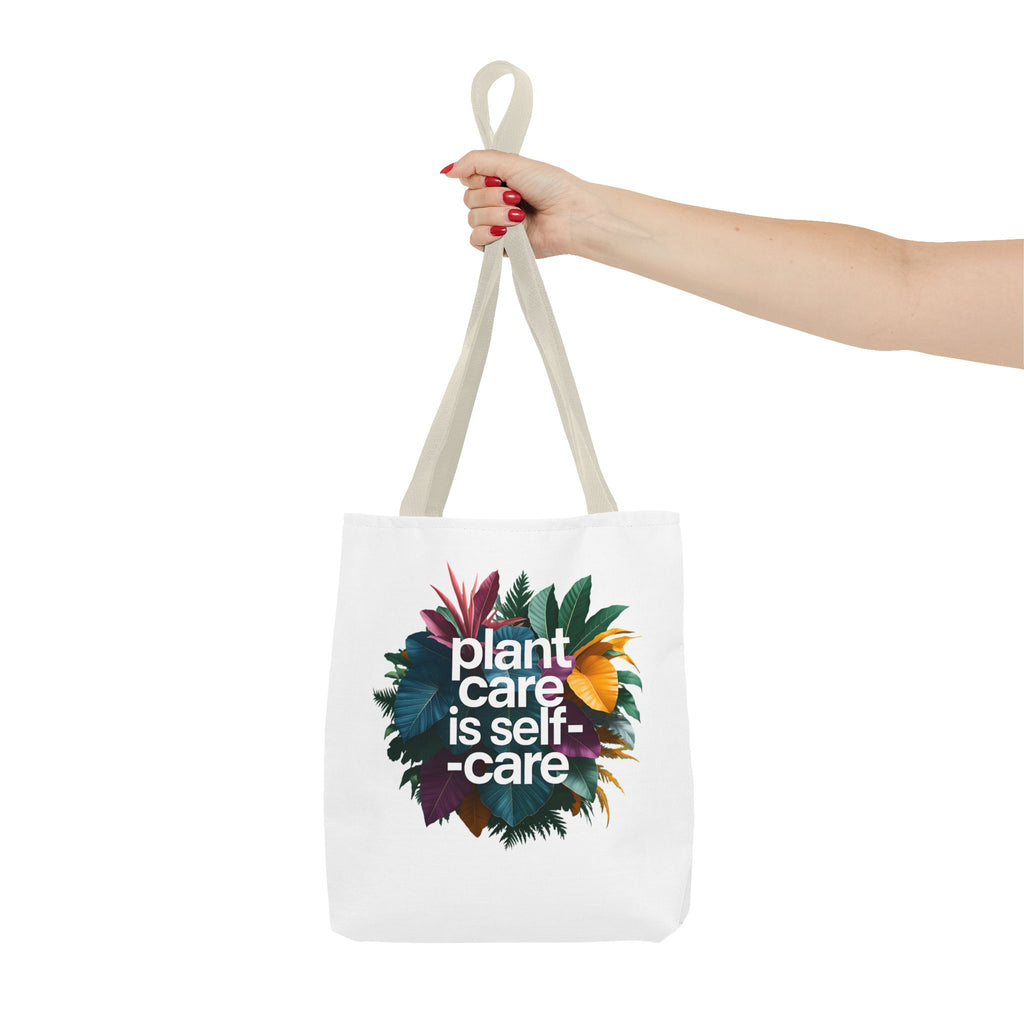 Plant Care Is Self-Care tote | botanical wreath, typography, plant lover
