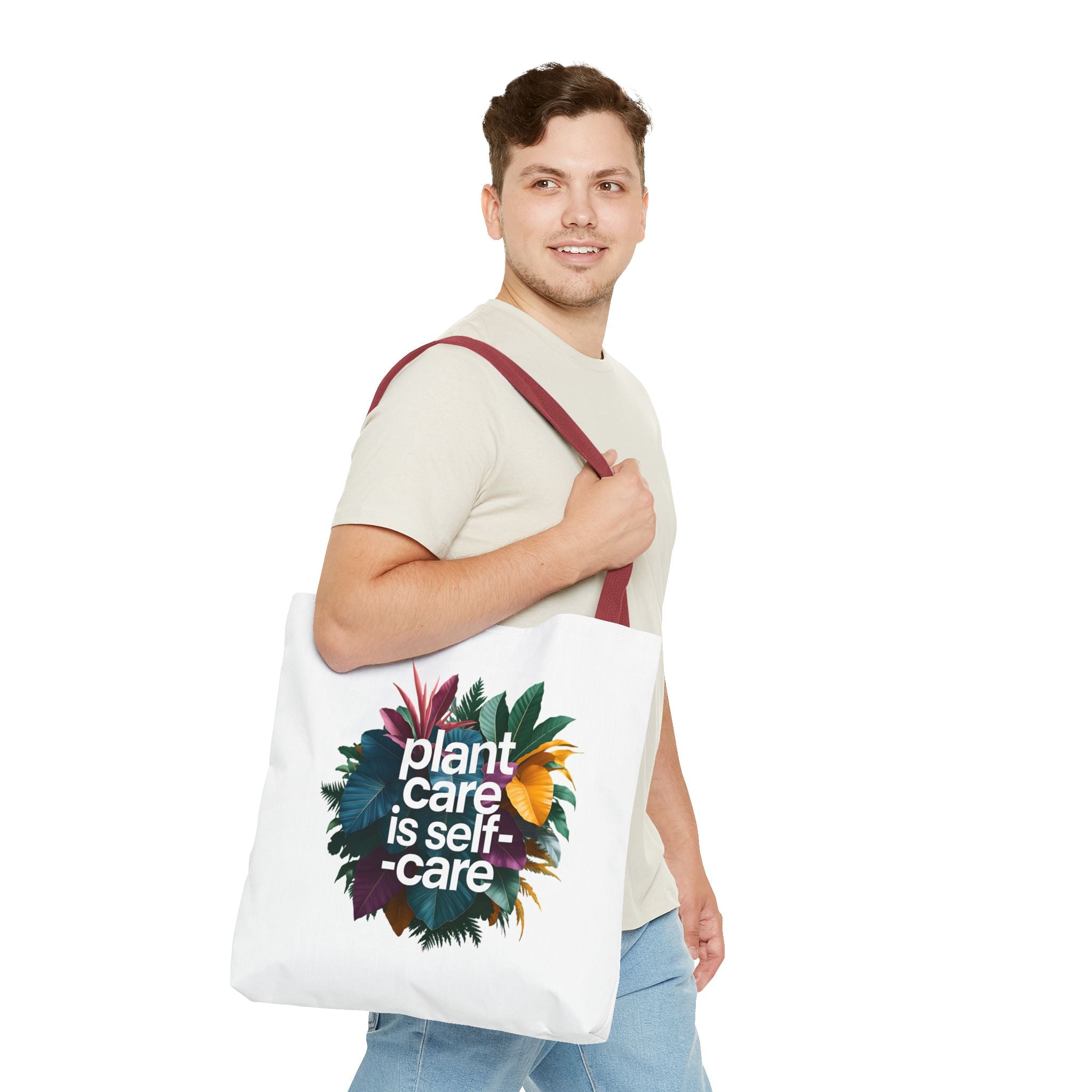 Plant Care Is Self-Care tote | botanical wreath, typography, plant lover